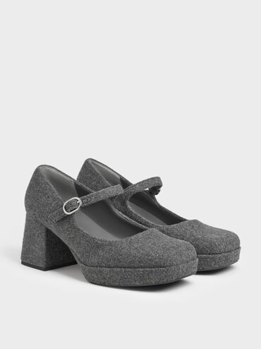 Felt Platform Block-Heel Mary Jane Pumps, Grey, hi-res