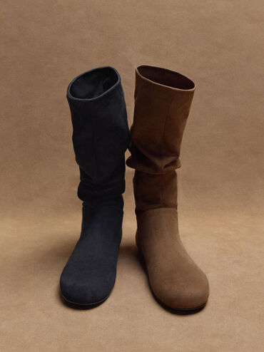 Faux Suede Ruched Knee-High Boots, Black Textured, hi-res