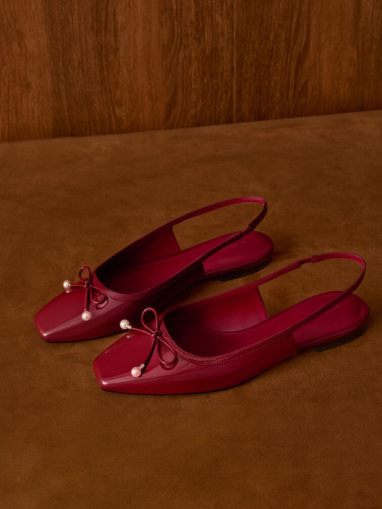 Barbara Patent Pearl-Bow Slingback Flats, Red, hi-res