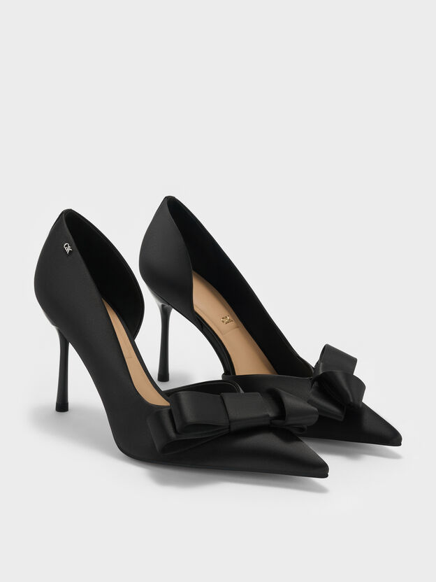 Pleated-Bow Pointed D'Orsay Pumps, Black Textured, hi-res