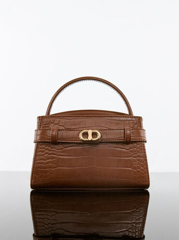 Aubrielle Croc-Effect Top Handle Bag, Chocolate Croco, hi-res