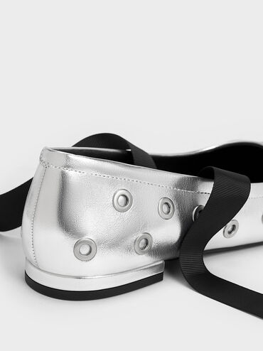 Margot Metallic Grommet Tie-Around Ballet Flats, Silver, hi-res