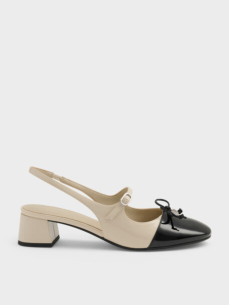 Two-Tone Patent Bow Slingback Pumps, Chalk, hi-res