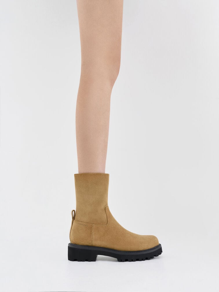 Devan Faux Suede Side-Zip Ridged-Sole Calf Boots, Camel, hi-res