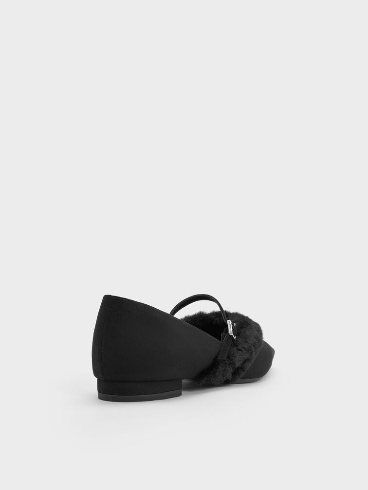 Emila Faux Suede Fur-Trim Pointed Mary Janes, Black Textured, hi-res