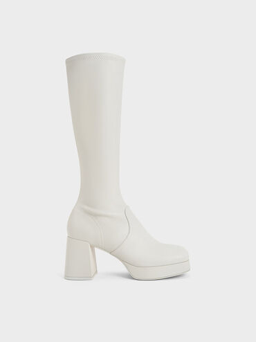 Evie Platform Block-Heel Knee-High Boots, White, hi-res