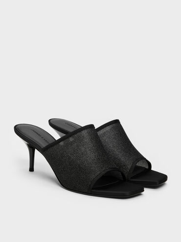 Glittered Mesh Heeled Mules, Black Textured, hi-res