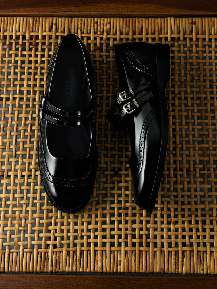 Double-Strap Brogue Mary Janes, Black Box, hi-res
