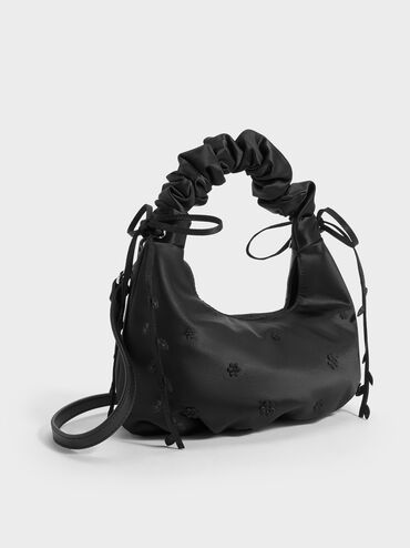 Mabel Satin Floral-Vine Hobo Bag, Noir, hi-res