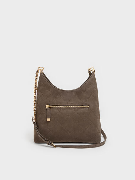 Duo Quilted Front-Pocket Chain Hobo Bag, Stone Grey, hi-res