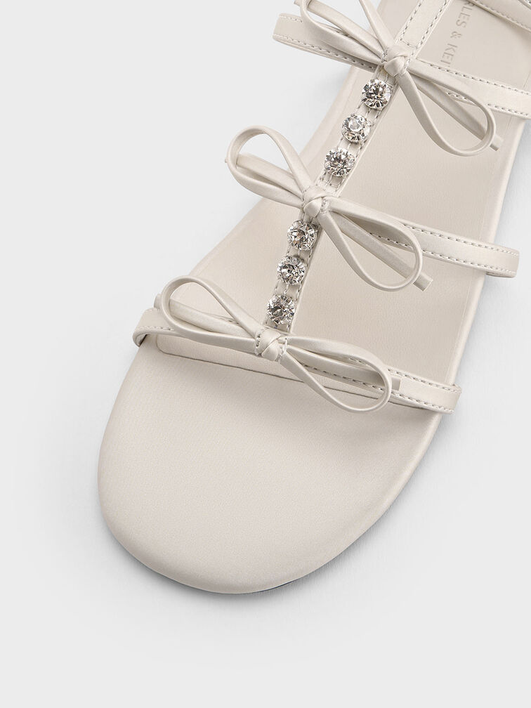 Gem-Embellished Bow T-Bar Sandals, White, hi-res