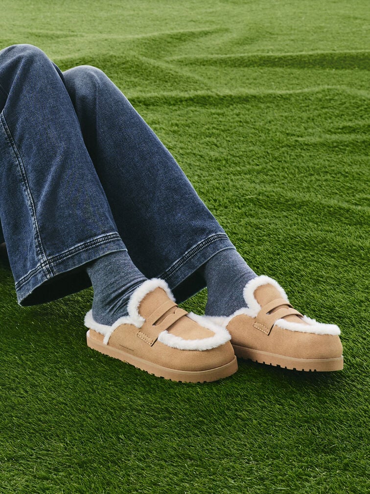Recycled-Fur Flatform Mules, Sand, hi-res
