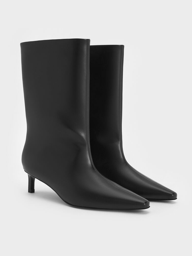 Elongated Square-Toe Kitten-Heel Calf Boots, Black, hi-res