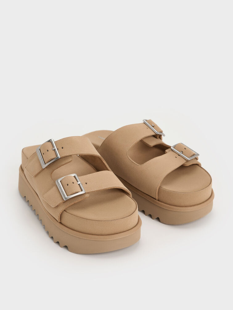 Buckled Double-Strap Flatform Sandals, Beige, hi-res