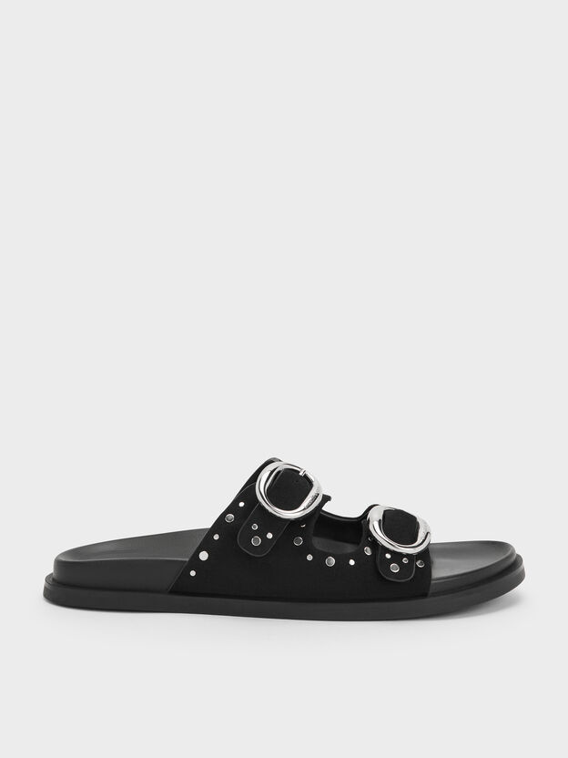 Studded Buckled Double-Strap Slides, Black, hi-res