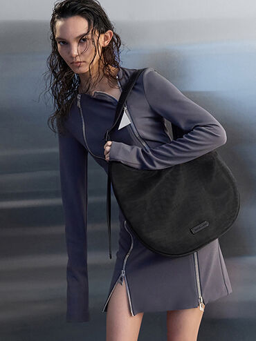 Mesh Crescent Hobo Bag, Jet Black, hi-res