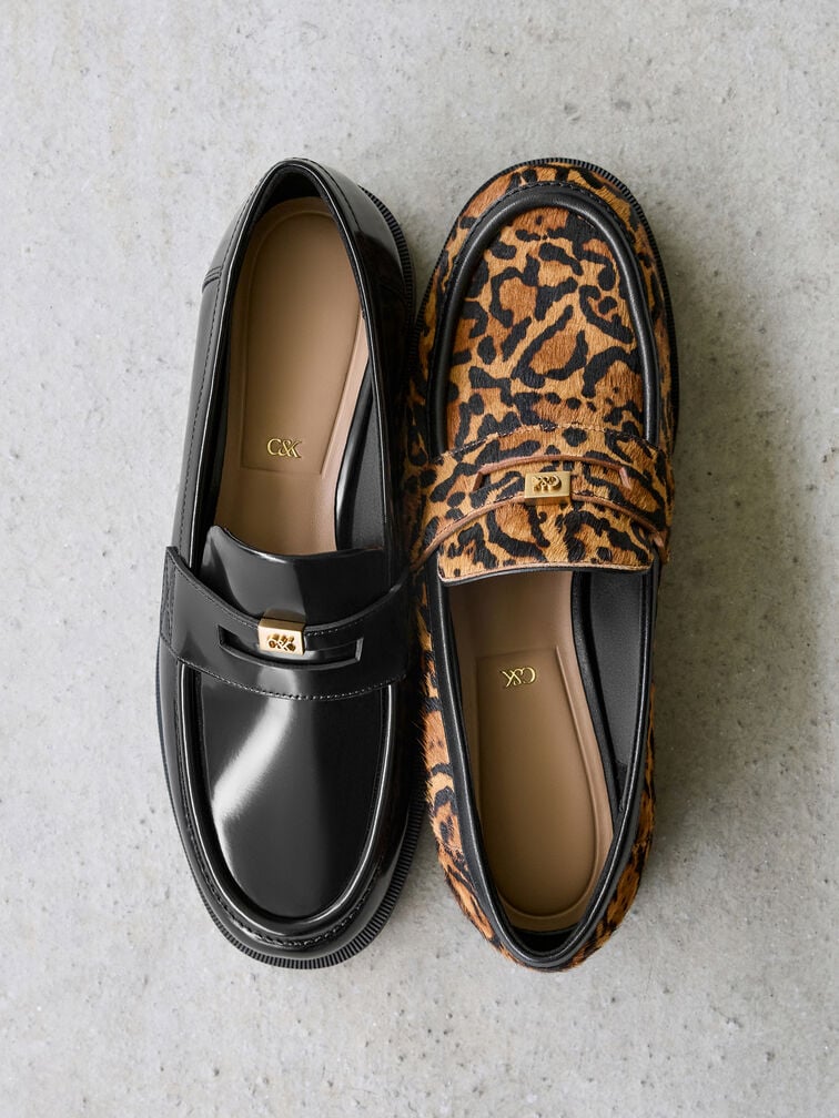 Georgina Calf Hair Leopard-Print Metallic-Accent Penny Loafers, Animal Print Brown, hi-res