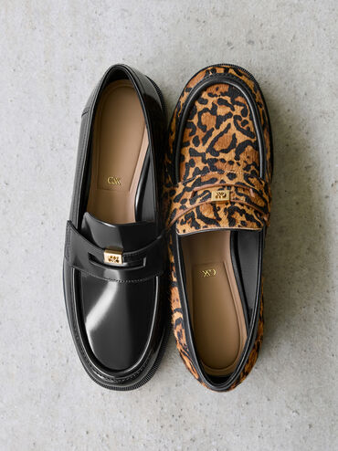 Georgina Calf Hair Leopard-Print Metallic-Accent Penny Loafers, Animal Print Brown, hi-res