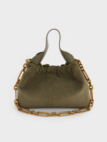 Ally Recycled Suede Ruched Slouchy Chain-Handle Bag, Deep Olive, hi-res
