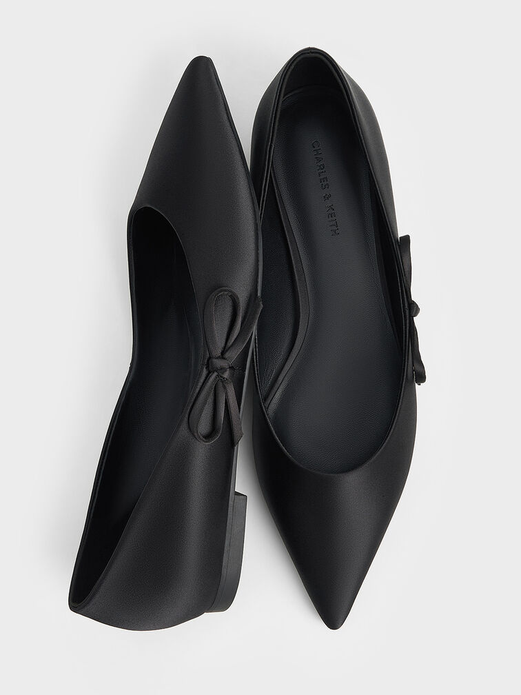 Satin Bow Pointed-Toe Flats, Black Textured, hi-res