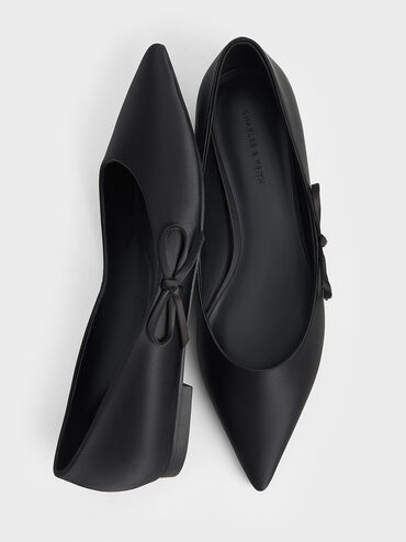Satin Bow Pointed-Toe Flats, Black Textured, hi-res