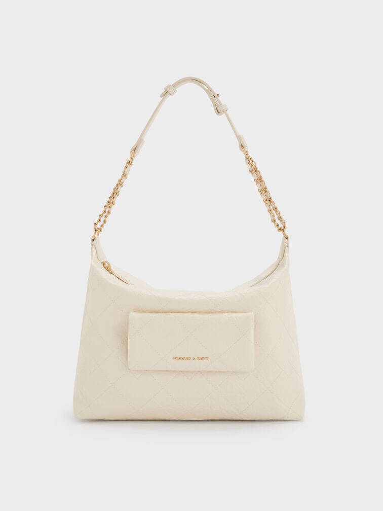 Duo Quilted Front-Pocket Hobo Bag, Cream, hi-res