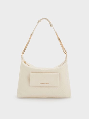 Duo Quilted Front-Pocket Hobo Bag, Cream, hi-res