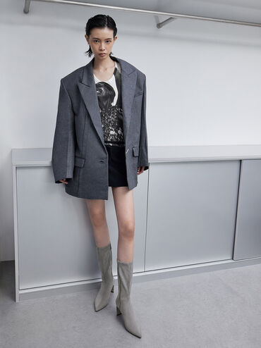 Faux Suede Blade-Heel Pointed-Toe Calf Boots, Grey, hi-res