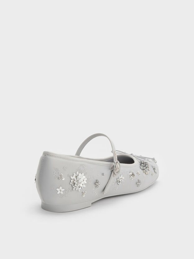 Sadira Satin Embroidered Sequinned Mary Jane Flats, Grey, hi-res