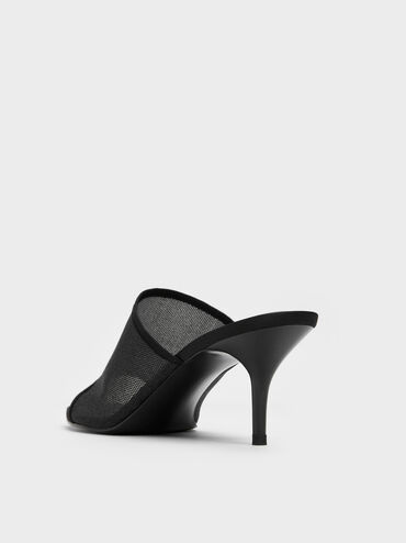 Glittered Mesh Heeled Mules, Black Textured, hi-res