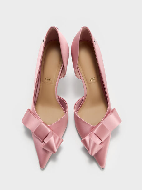 Pleated-Bow Pointed D'Orsay Pumps, Pink, hi-res