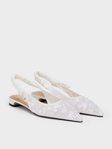 Tayari Embroidered-Mesh Slingback Flats, White, hi-res