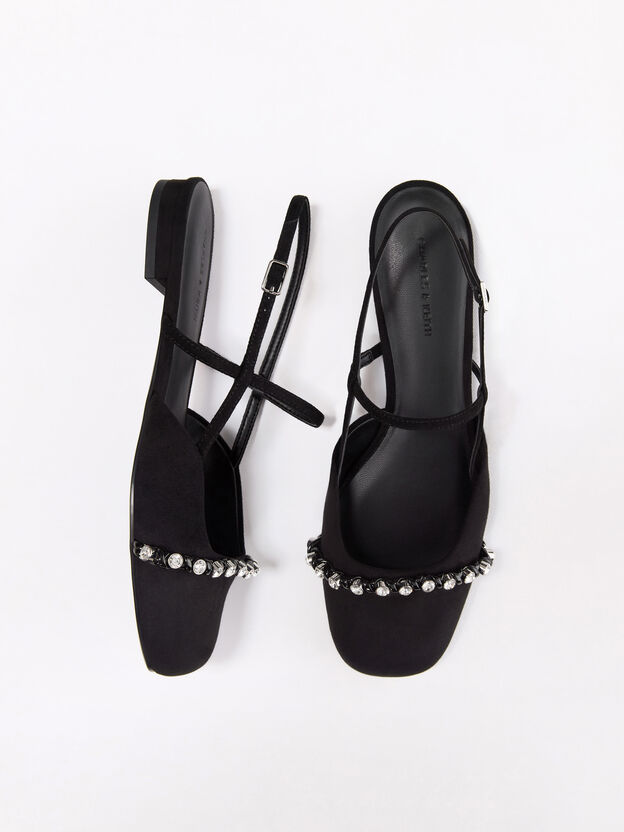 Faux Suede Crystal Slingback Flats, Black Textured, hi-res