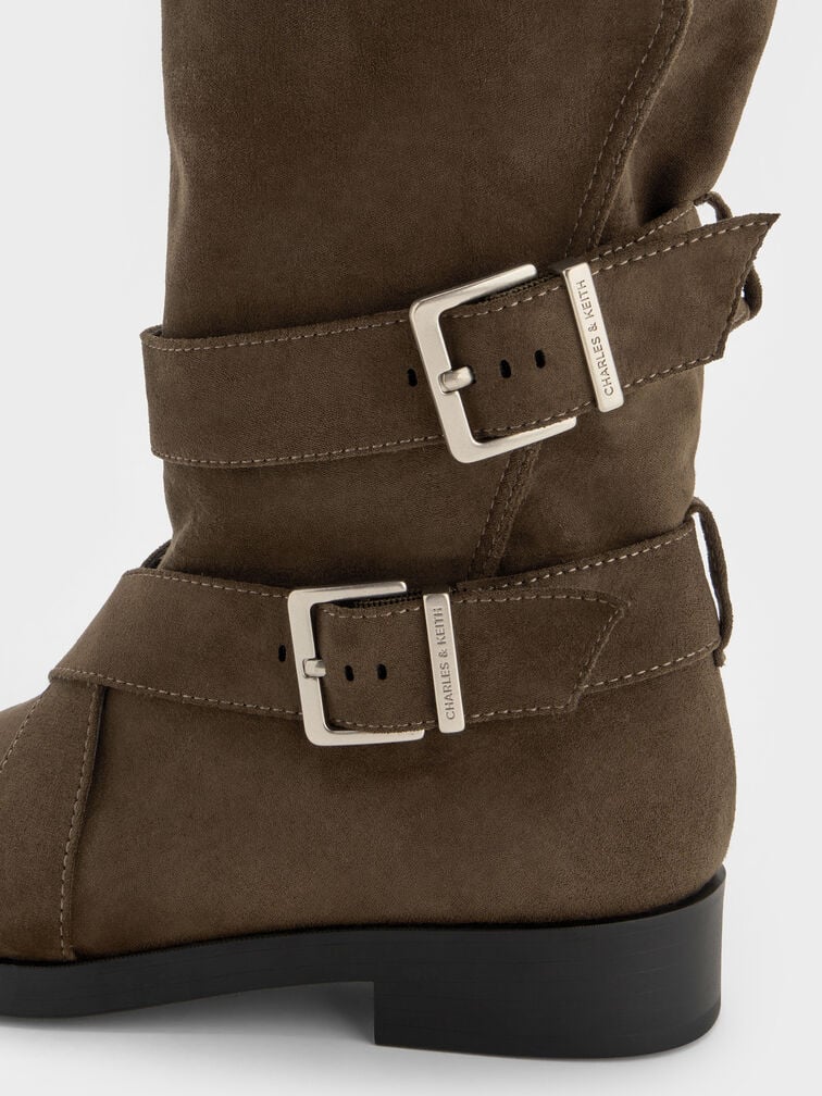 Brett Faux Suede Buckle-Strap Calf Boots, Dark Brown Textured, hi-res