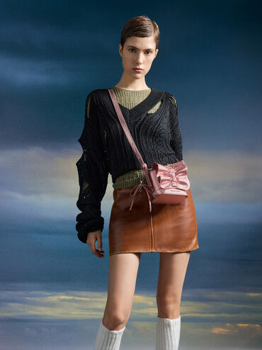 Kadee Metallic Bow-Charm Ruched Mini Bag, Aura Pink, hi-res