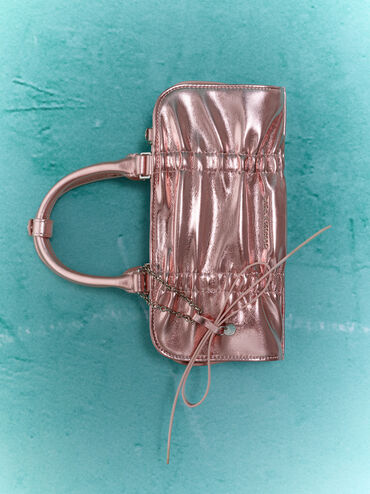 Kadee Metallic Ruched Bow-Charm Bowling Bag, Aura Pink, hi-res