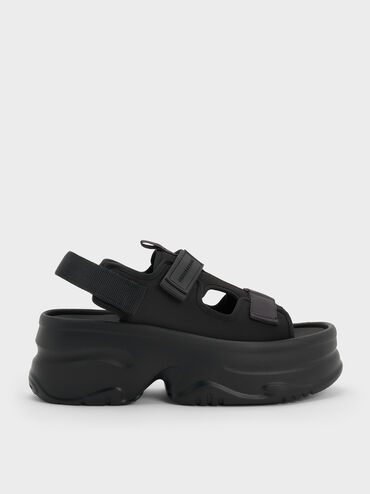 Elastane Flatform Sports Sandals, Black Textured, hi-res