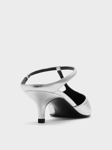 Metallic T-Bar Pointed-Toe Kitten-Heel Mules, Silver, hi-res