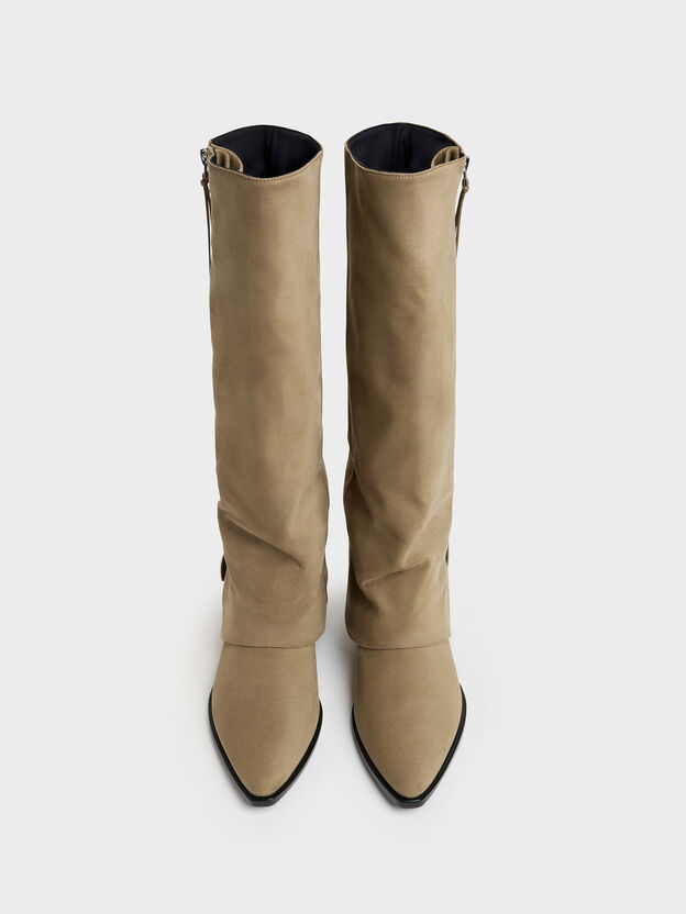 Aether Faux Suede Tassel-Zip Knee-High Boots, Khaki, hi-res
