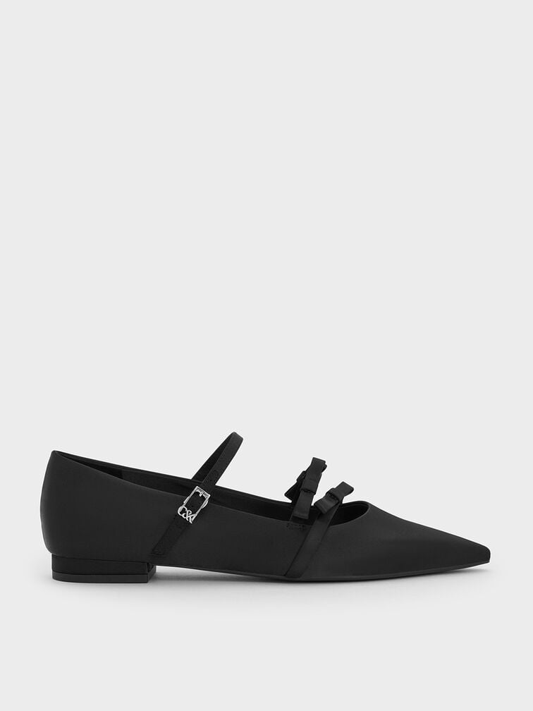 Jessy Recycled Polyester Bow Pointed-Toe Flats, Black Textured, hi-res