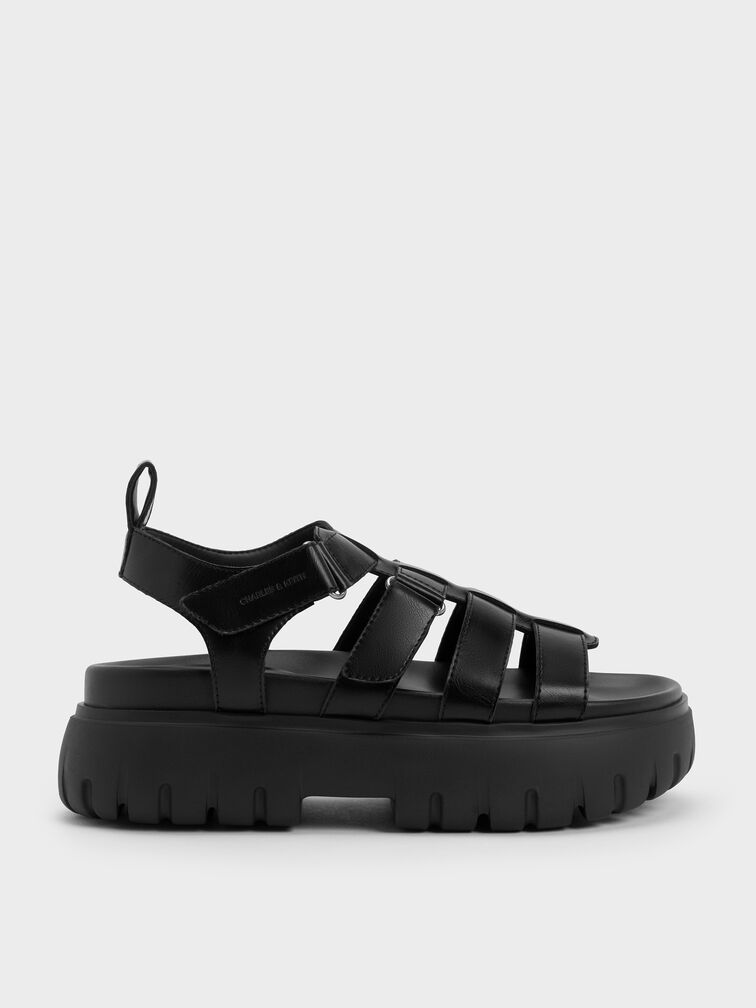 Platform Caged Sandals, Black, hi-res