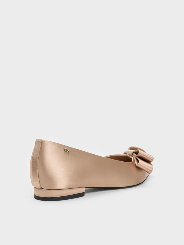Pleated-Bow Pointed Ballet Flats, Nude, hi-res
