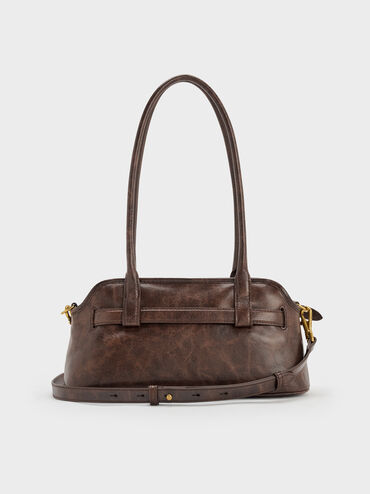 Victoria Belted Elongated Shoulder Bag, Distressed Coffee, hi-res