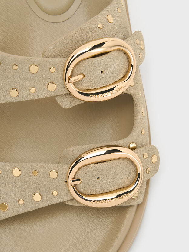 Studded Buckled Double-Strap Slides, Beige, hi-res
