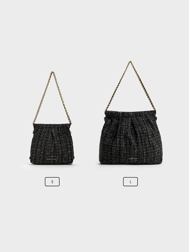 Duo Tweed Double-Chain Hobo Bag, Black Tweed, hi-res