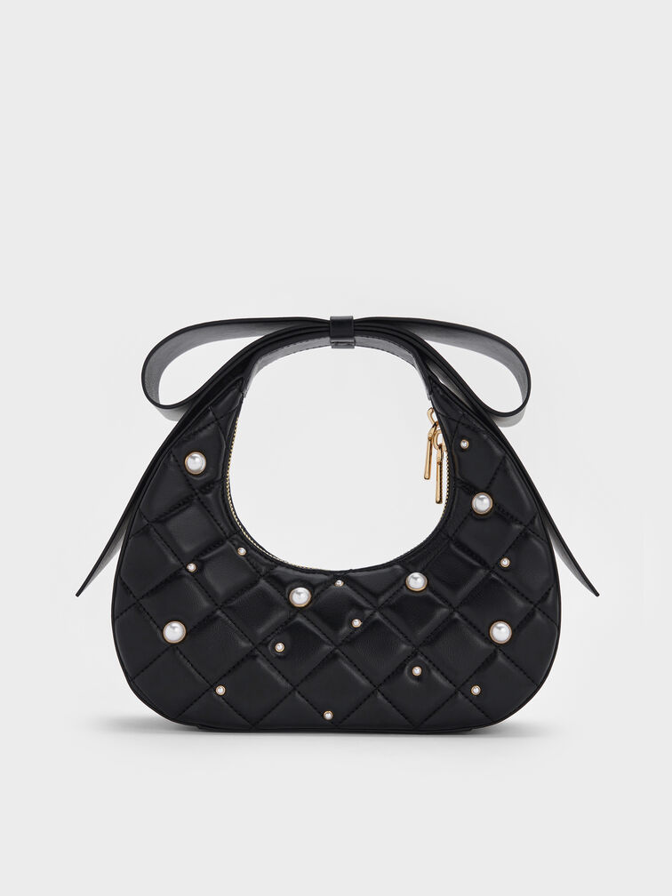 Janie Quilted Pearl Bow-Handle Bag, Black, hi-res