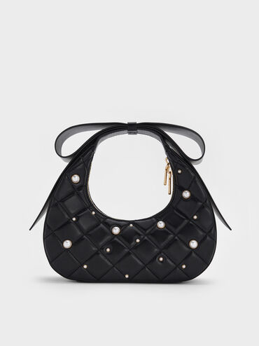 Janie Quilted Pearl Bow-Handle Bag, Black, hi-res