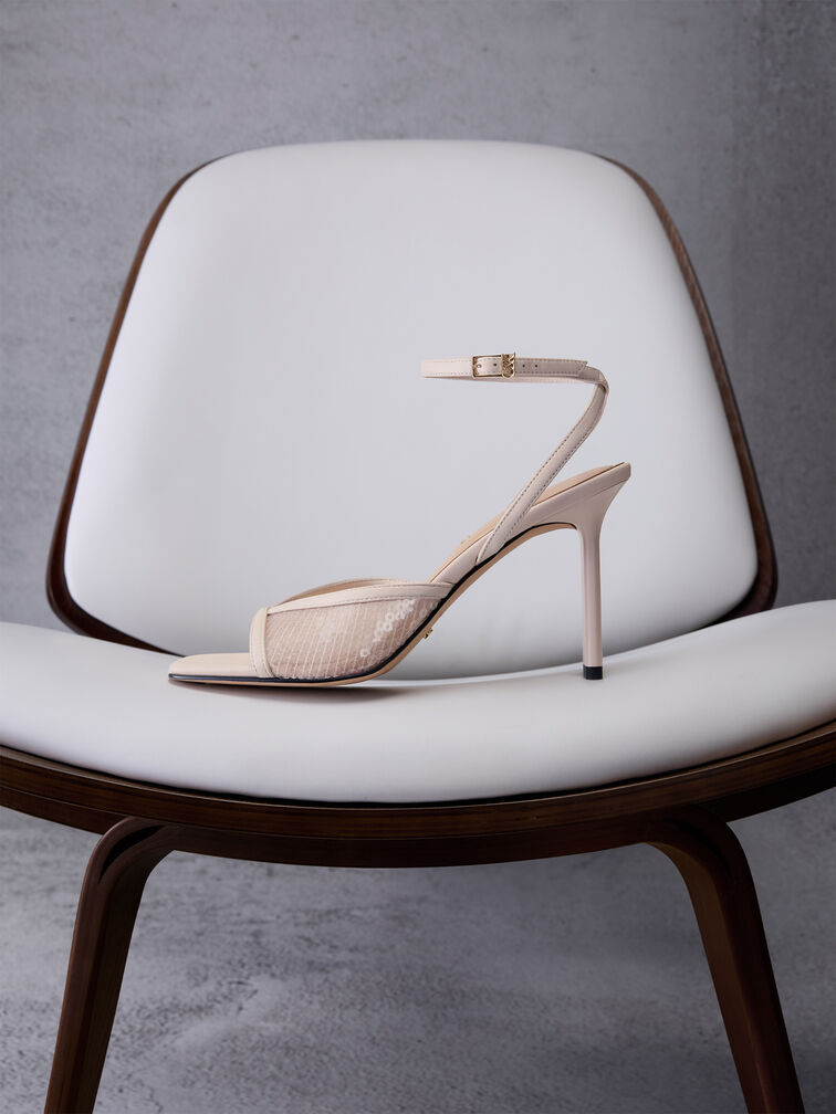 Sequin Mesh & Leather Ankle-Strap Heeled Sandals, Nude, hi-res