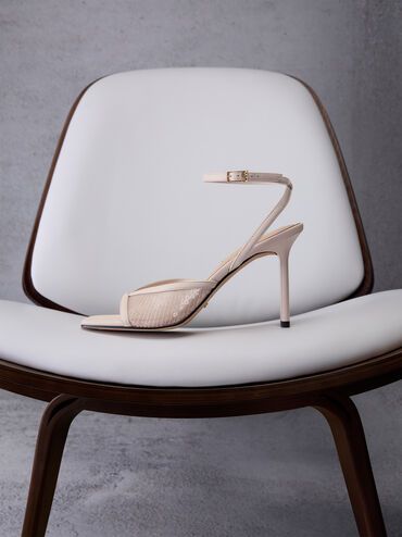Sequin Mesh & Leather Ankle-Strap Heeled Sandals, Nude, hi-res