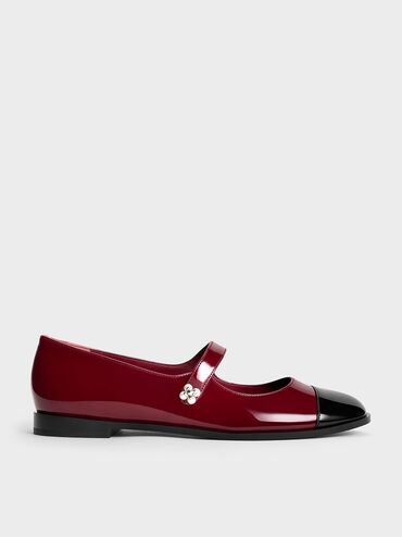 Patent Pearl-Embellished Flower-Buckle Cap-Toe Mary Janes, Maroon, hi-res